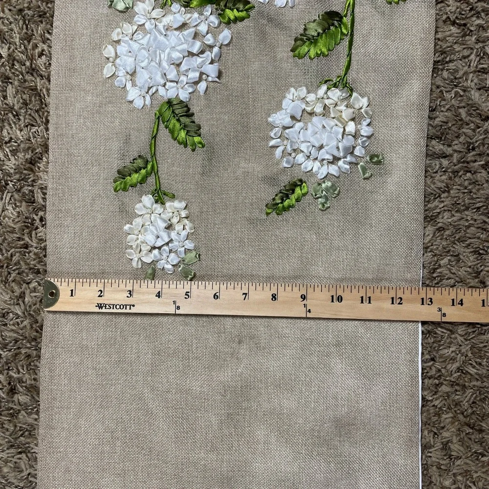 Elegant Floral Ribbon Embroidered Burlap Table‎ Runner Hydrangea Flower Décor